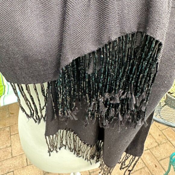 Vintage KC Malhan Black 100% Silk Scarf Beaded Fringe 84 inches Length Luxury - Picture 4 of 6